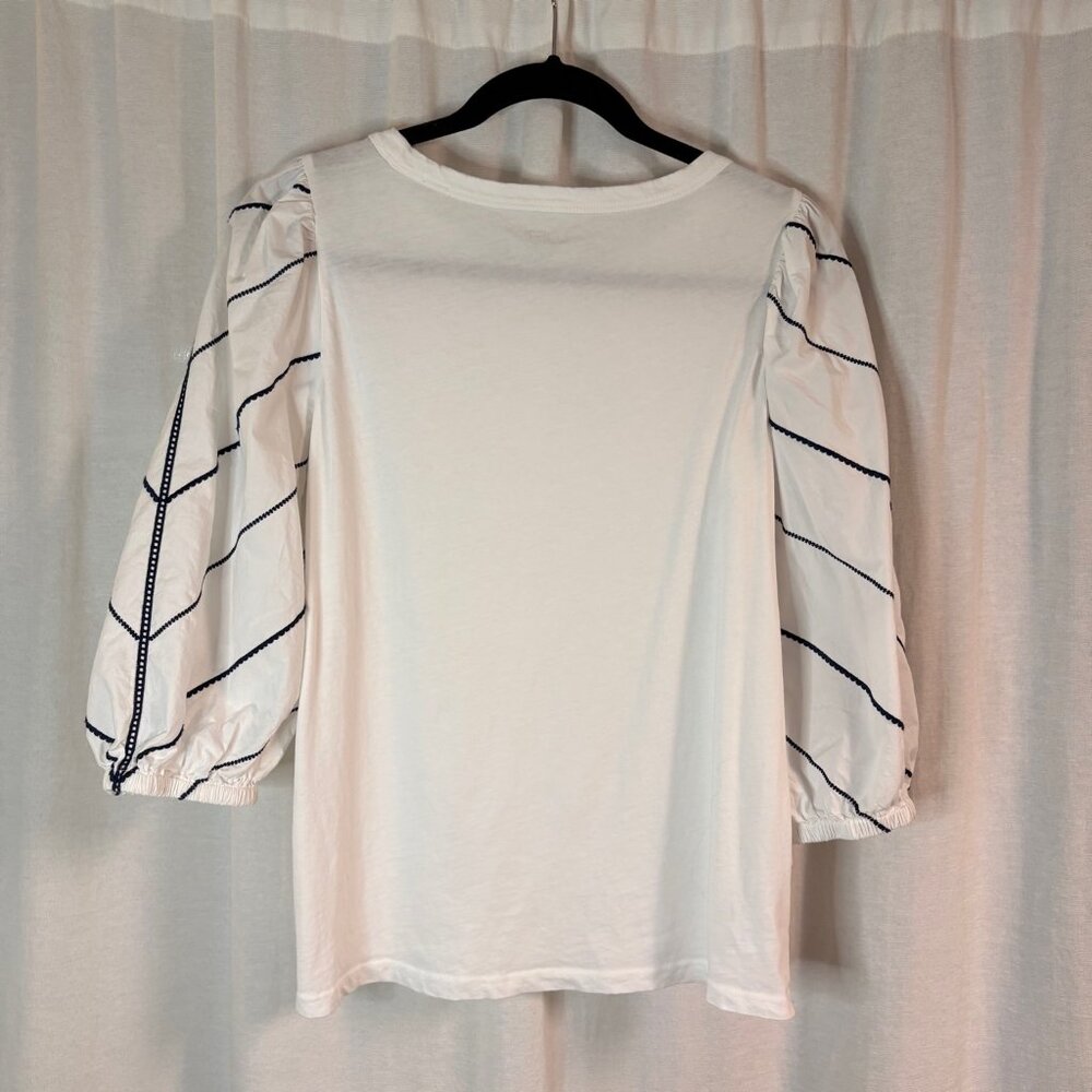 LOFT Outlet White Puff Sleeve Top Navy Embroidered Medium - Picture 2 of 6